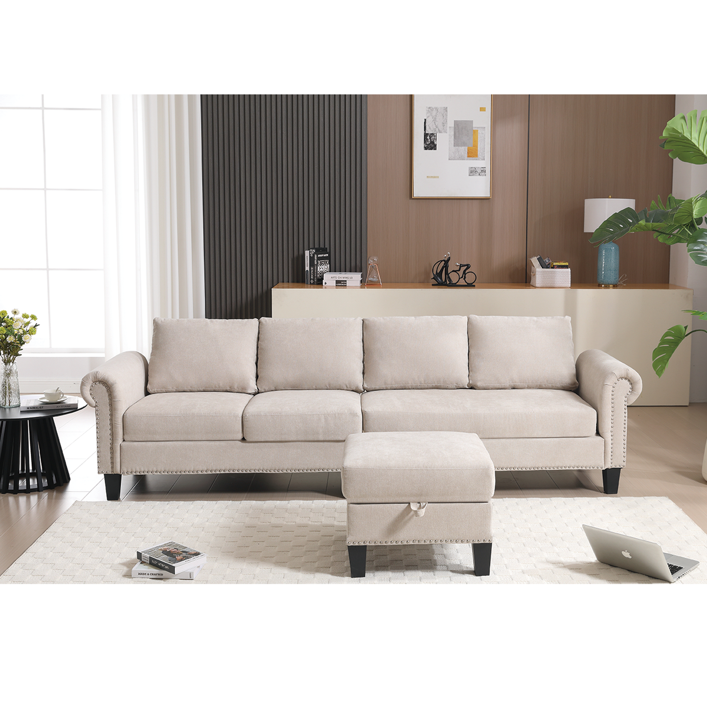 Convertible Sectional Sofa with Storage,L-shaped sofa,Four-seater sofa,Modern Linen Fabric Sectional Couches Beige