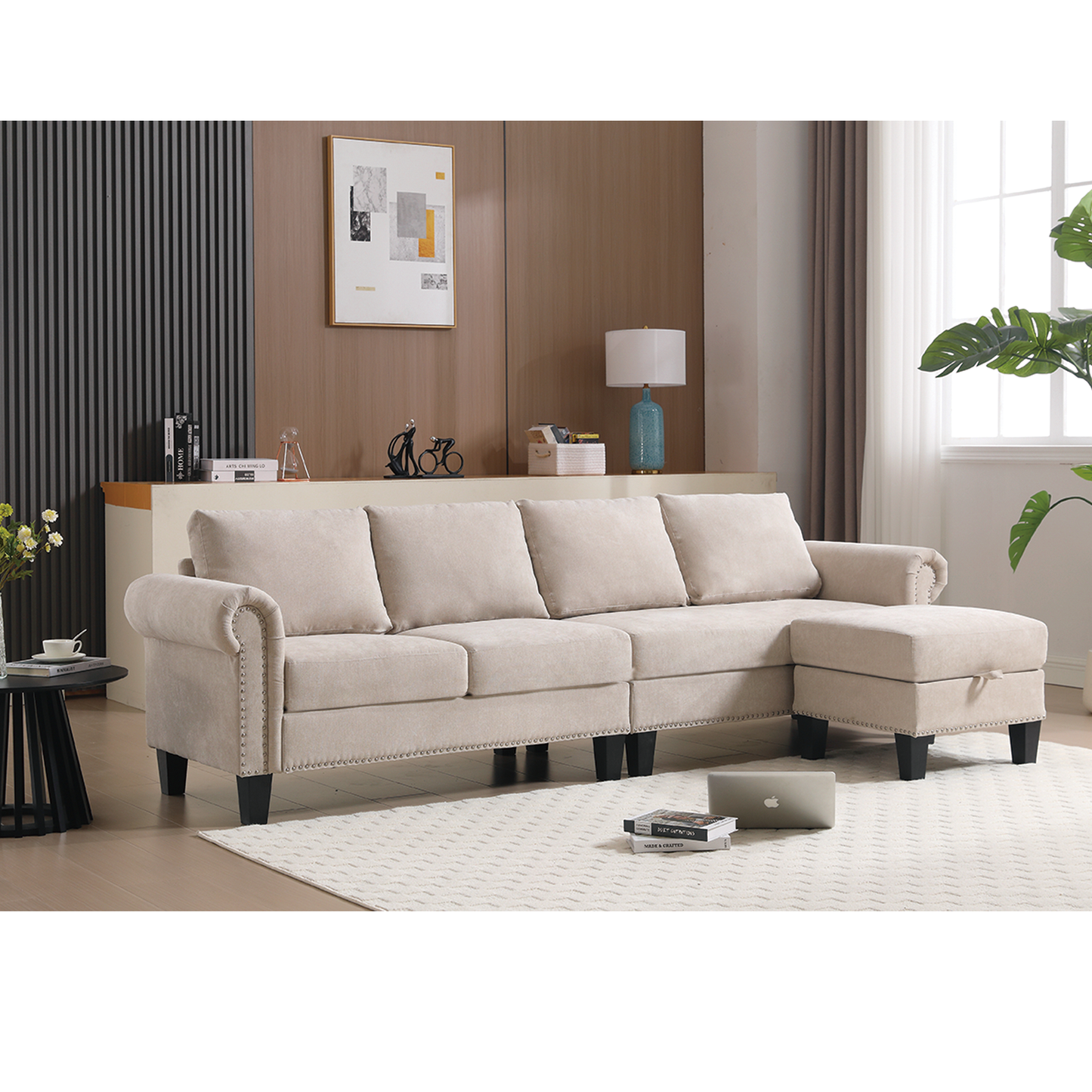 Convertible Sectional Sofa with Storage,L-shaped sofa,Four-seater sofa,Modern Linen Fabric Sectional Couches Beige