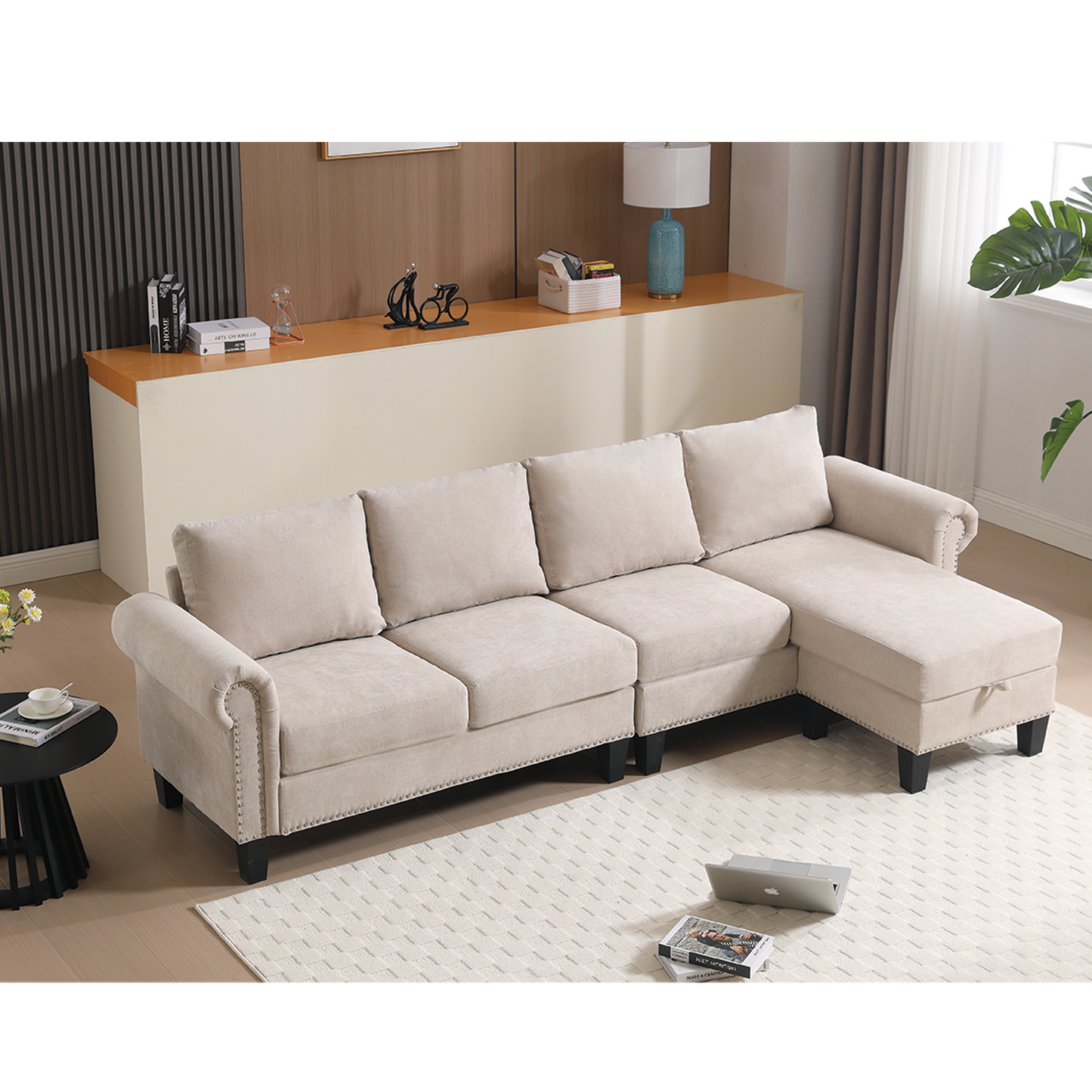 Convertible Sectional Sofa with Storage,L-shaped sofa,Four-seater sofa,Modern Linen Fabric Sectional Couches Beige